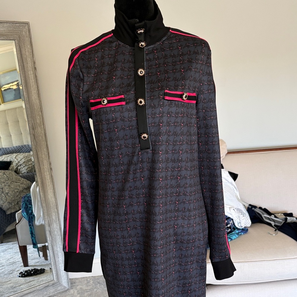 Womens Black Knit Long-Sleeve Dress with Pink Trim - Picture 3 of 4